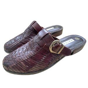Vintage 90's 7.5 Neena Woven LEATHER Slip Ons Fisherman Mules Closed Toe Brown